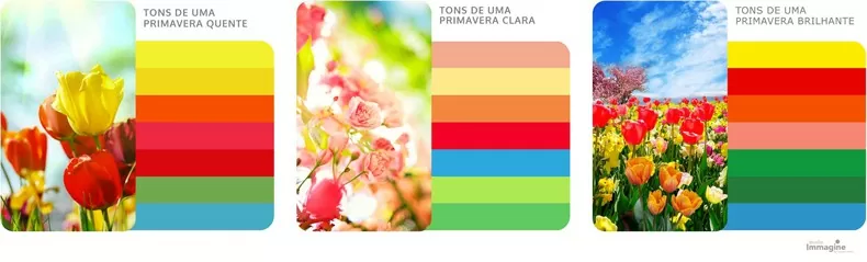 Tons de cada cartela de primavera pelo Studio Immagine, referência em coloração pessoal responsável pela tropialização do Método Sazonal Expandido