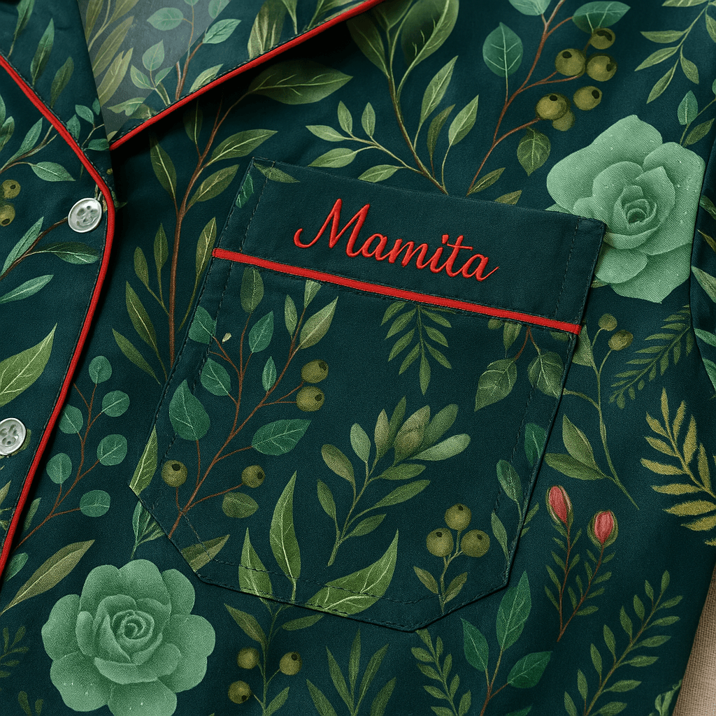 Pijama estampado Naps com detalhe em vermelho e bordado “Mamita” no bolso personalizado